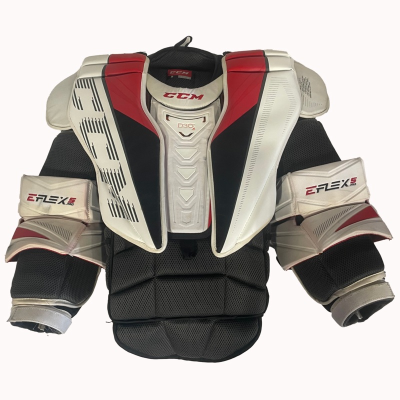 CCM Extreme Flex 5 Pro – Used Pro Stock Goalie Chest Protector (White/Red)