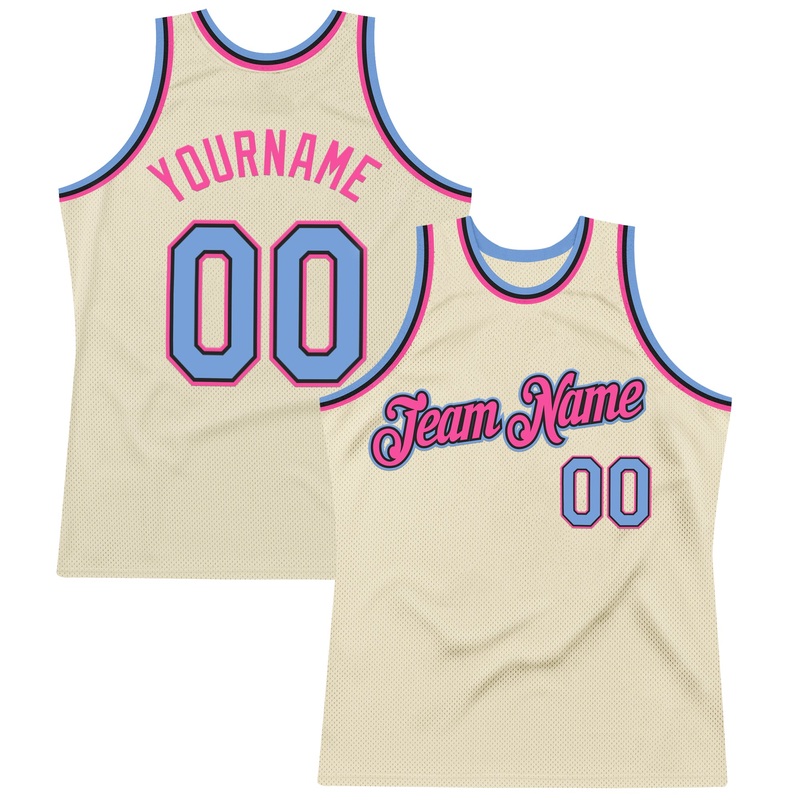 Custom Cream Light Blue Black-Pink Authentic Throwback Basketball Jersey