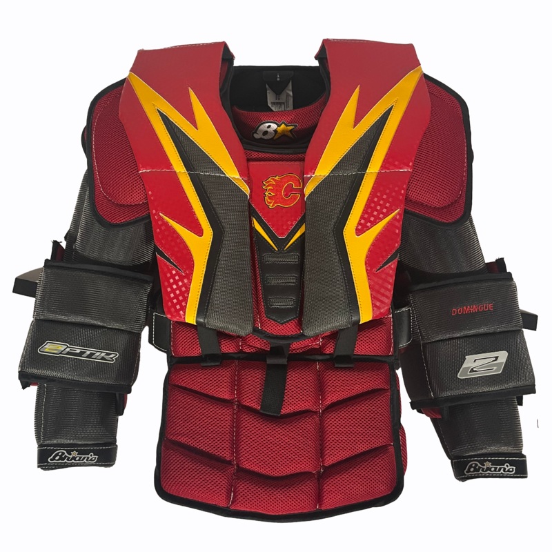 Brians Optik 2 – NHL Pro Stock Goalie Chest Protector – Calgary Flames (Red/Black/Yellow)