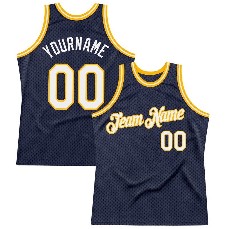 Custom Navy White-Gold Authentic Throwback Basketball Jersey