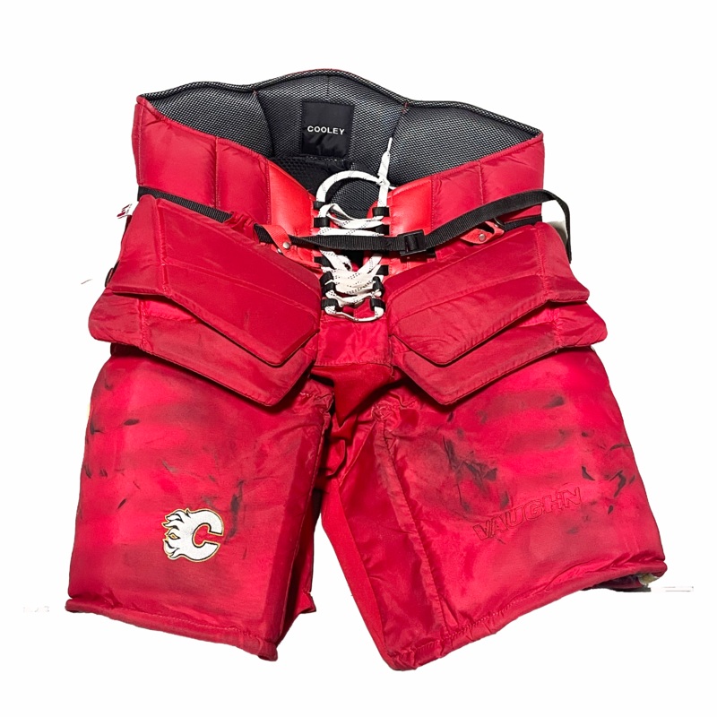 Vaughn Ventus – Used NHL Pro Custom Goalie Pants – Calgary Flames (Red/White/Yellow)