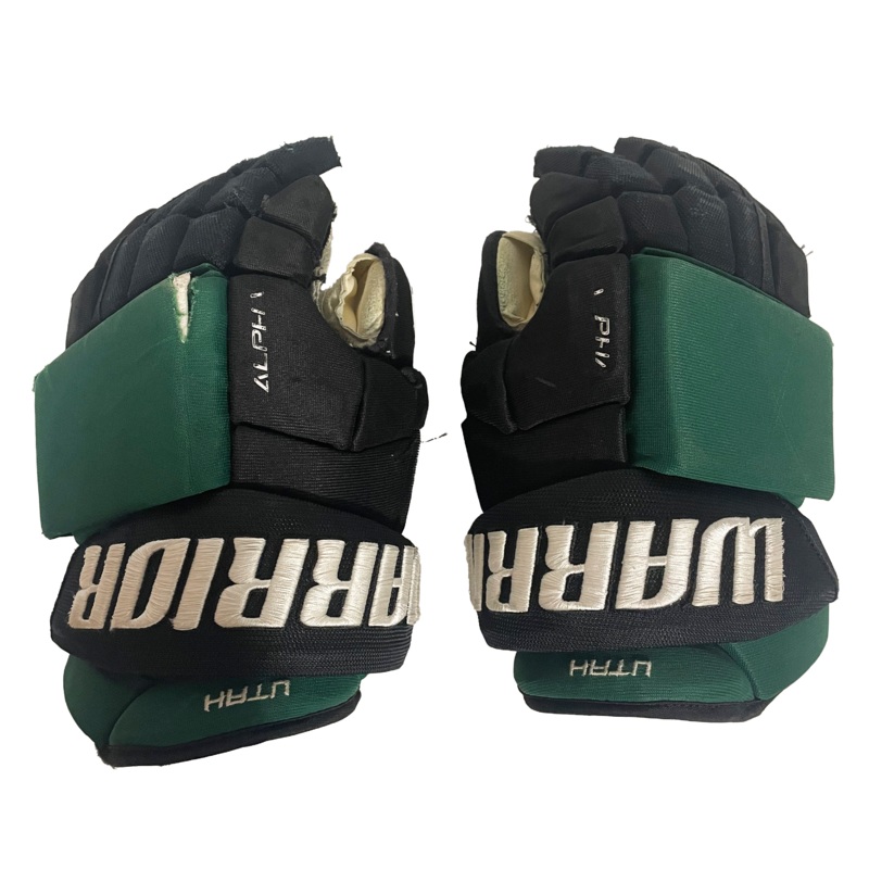 Warrior Alpha – Used ECHL Pro Stock Hockey Gloves (Green/Black)