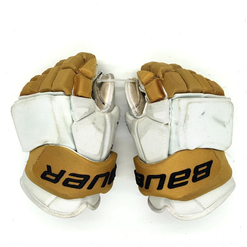 Bauer Vapor 1X Lite Pro – Used NHL Pro Stock Gloves – Vegas Golden Knights – Alec Martinez (White/Gold)