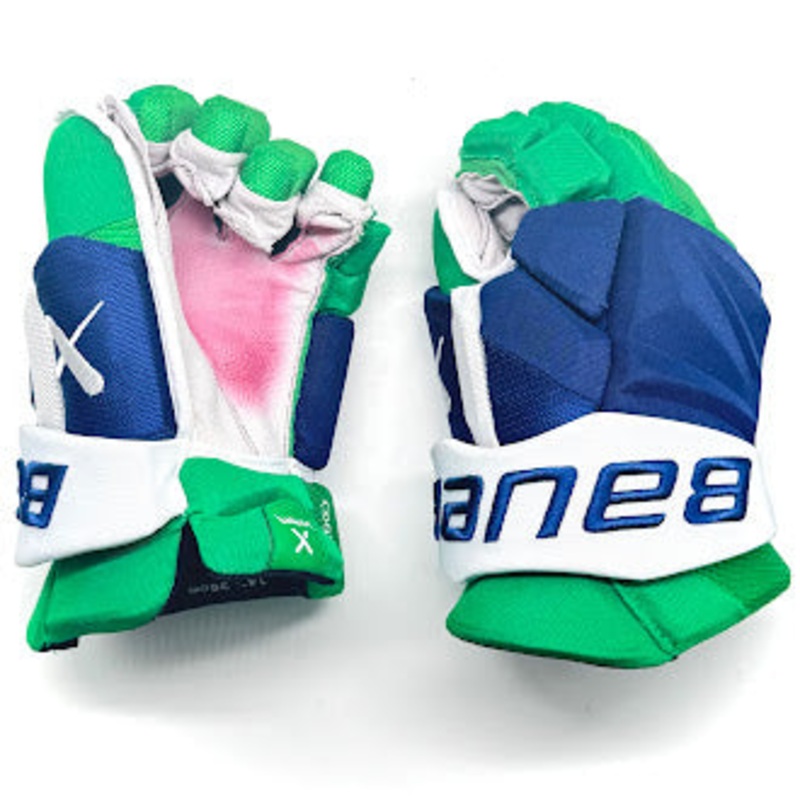 Bauer Vapor Hyperlite – Used NHL Pro Stock Glove – Dylan Coghlan (Blue/Green/White)