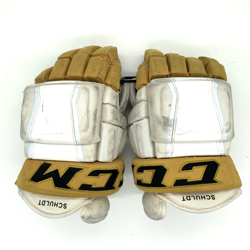 CCM HG97 – Used NHL Pro Stock Gloves – Vegas Golden Knights -Jimmy Schuldt (White/Gold)