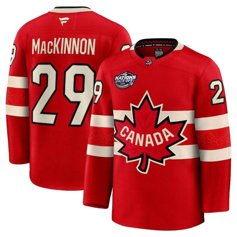 Men’s Canada Nathan MacKinnon Fanatics Red 2025 4 Nations Face-Off Premium Player Jersey