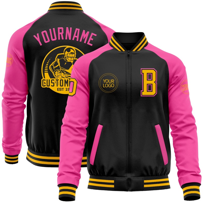 Custom Black Gold-Pink Bomber Varsity Letterman Two Tone Zipper Jacket