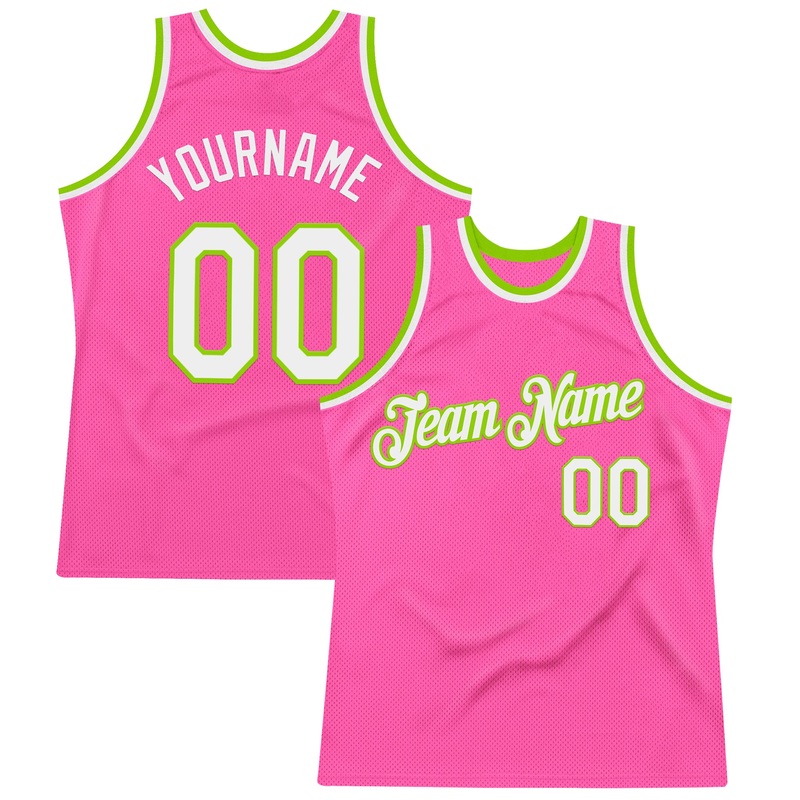Custom Pink White-Neon Green Authentic Throwback Basketball Jersey