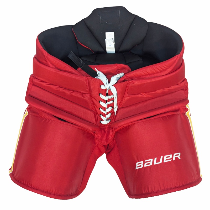 Bauer – Used NHL Pro Stock Goalie Pants – Calgary Flames (Red/White/Yellow)