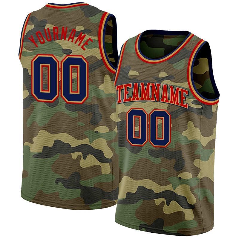 Custom Camo Navy Old Gold-Red Authentic Salute To Service Basketball Jersey