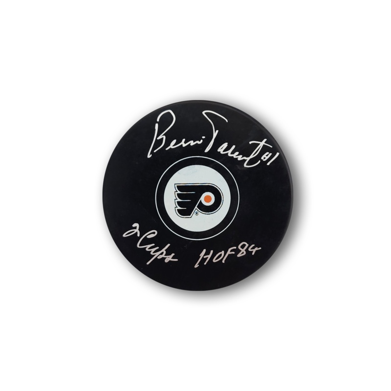 Bernie Parent Autographed Philadelphia Flyers Hockey Puck HOF 84 and 2 Cups