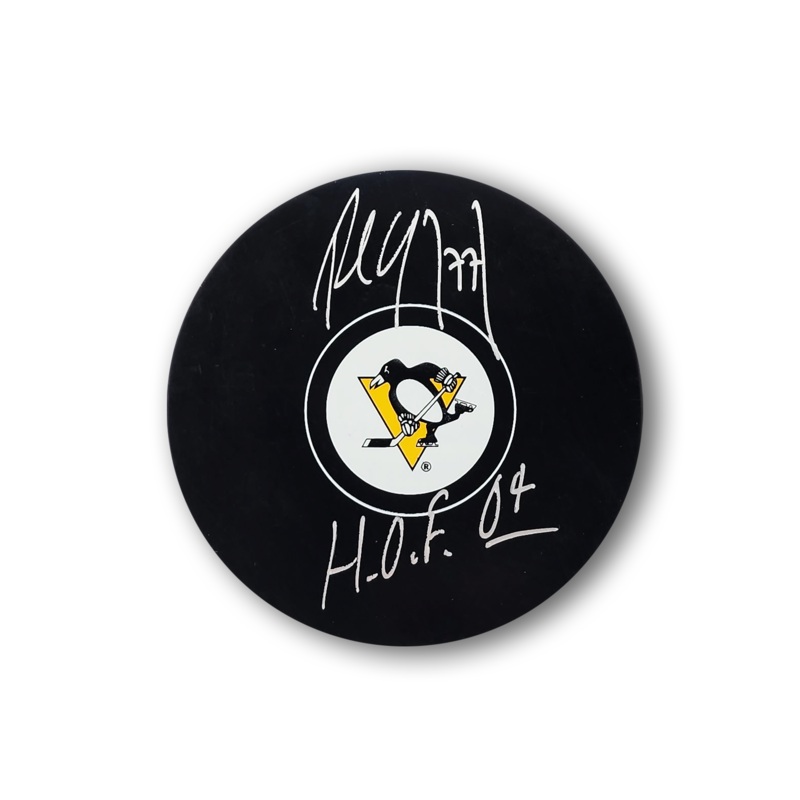 Paul Coffey Autographed Detroit Pittsburgh Penguins Hockey Puck Inscribed HOF