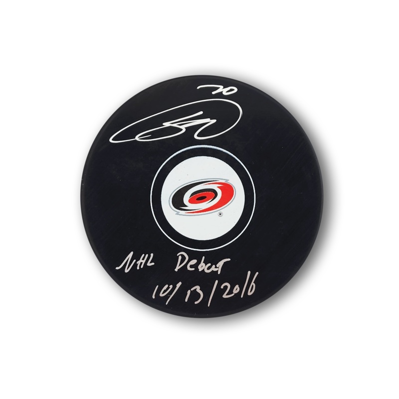Sebastian Aho Carolina Hurricanes Autographed Hockey Puck Inscribed NHL Debut