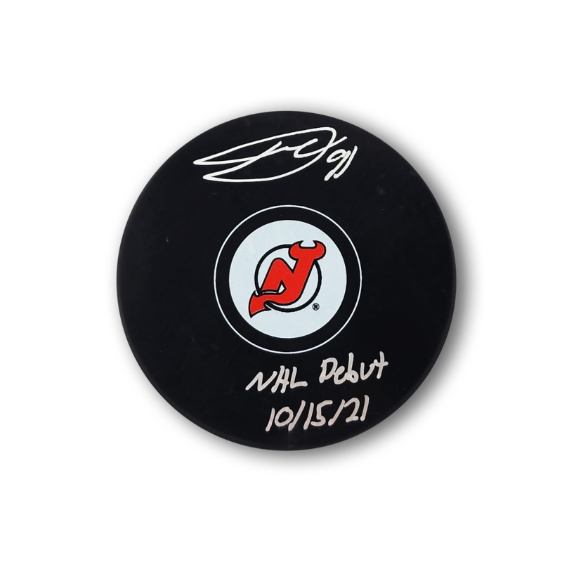 Dawson Mercer Autographed New Jersey Devils Hockey Puck Inscribed NHL Debut