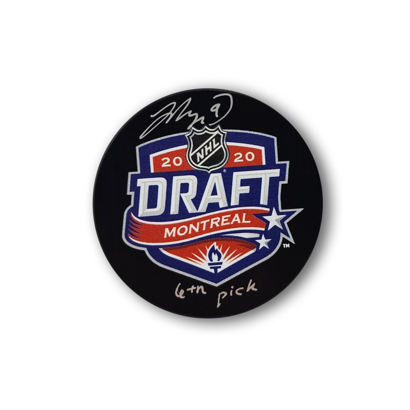 Jamie Drysdale Autographed 2020 NHL Draft Hockey Puck Inscribed 6th Pick