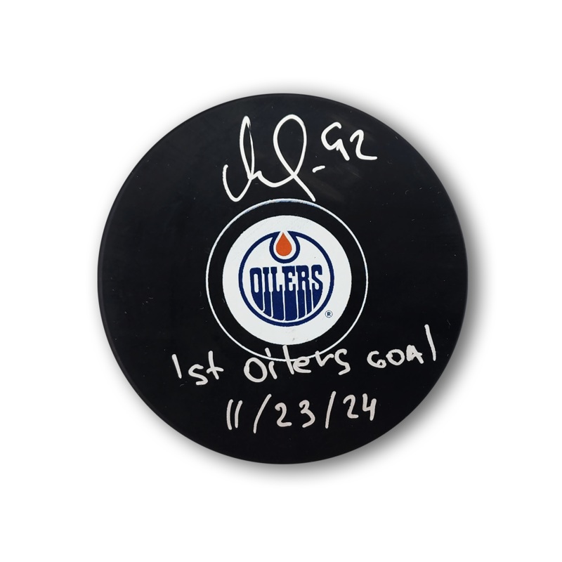 Vasily Podkolzin Autographed Edmonton Oilers Hockey Puck Inscribed 1st Oilers Goal