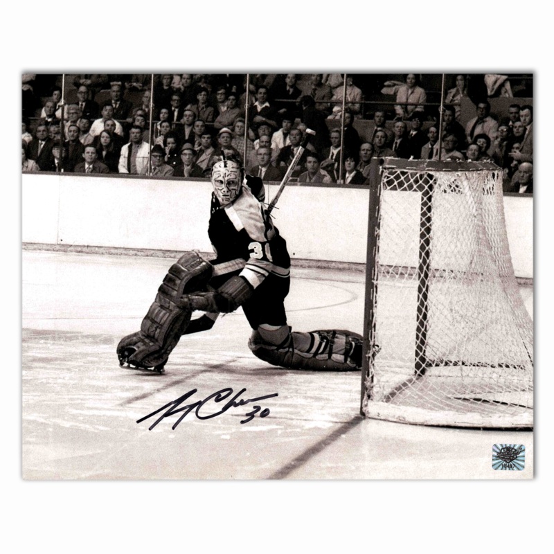 Gerry Cheevers Autographed Boston Bruins Home 8×10 Black and White Photo