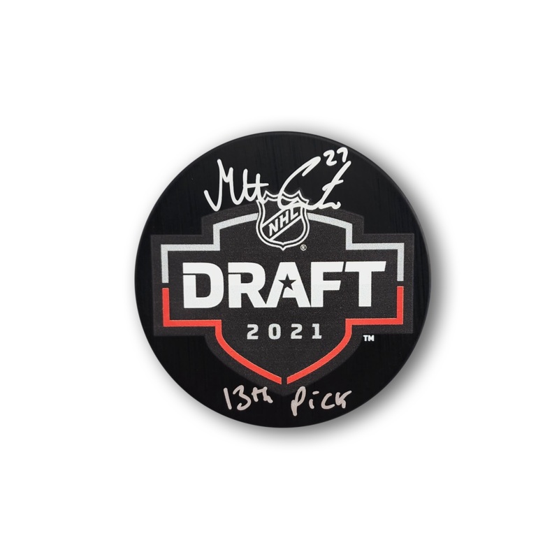 Matt Coronato Autographed 2021 NHL Draft Hockey Puck Inscribed 13th Pick