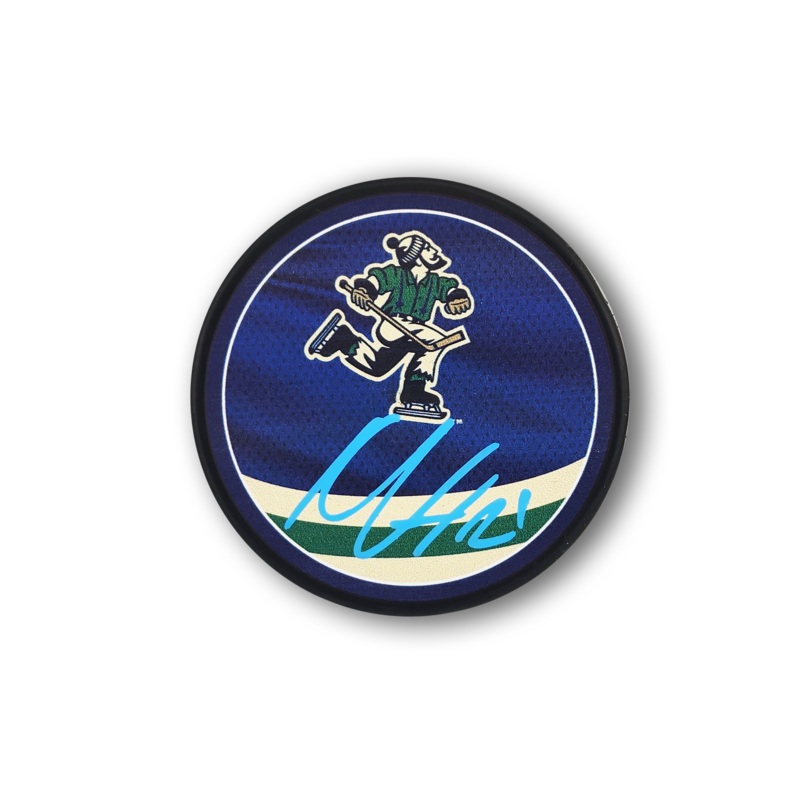 Nils Hoglander Autographed Vancouver Canucks Reverse Retro Hockey Puck