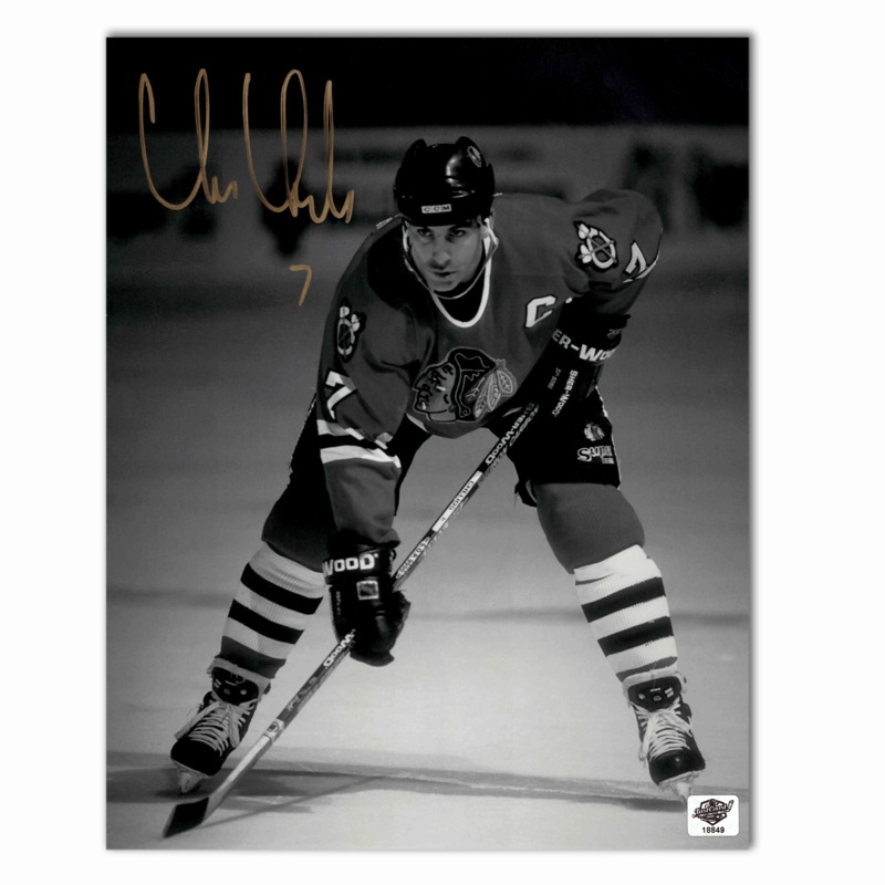 Chris Chelios Autographed Chicago Black Hawks Home 8×10 Photo (B/W)