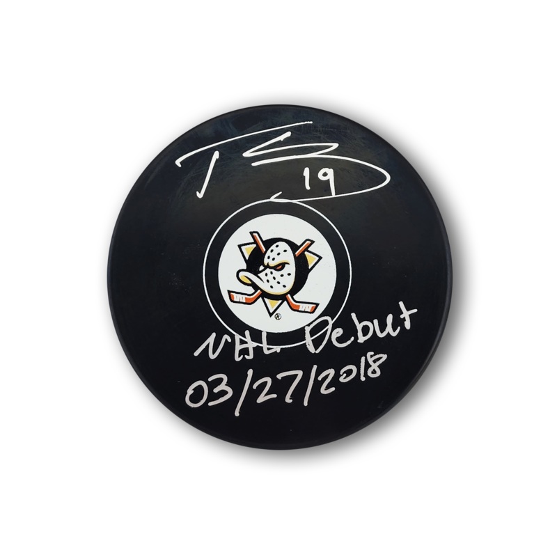 Troy Terry Autographed Anaheim Ducks Hockey Puck Inscribed NHL Debut