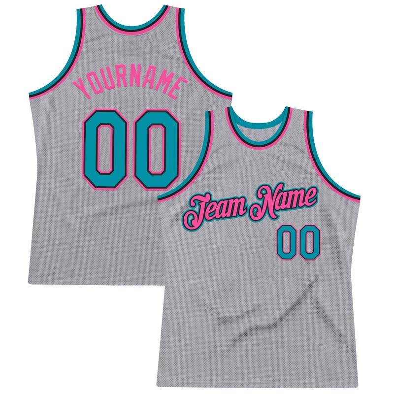 Custom Gray Teal Black-Pink Authentic Throwback Basketball Jersey
