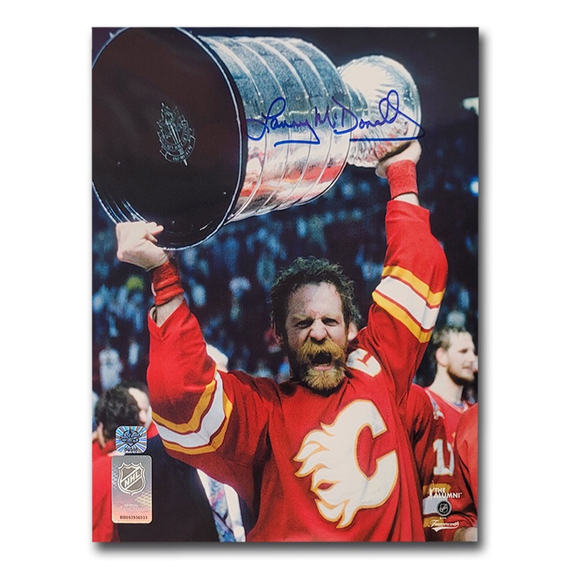 Lanny McDonald Calgary Flames Autographed Holding Stanley Cup Above Head 8×10
