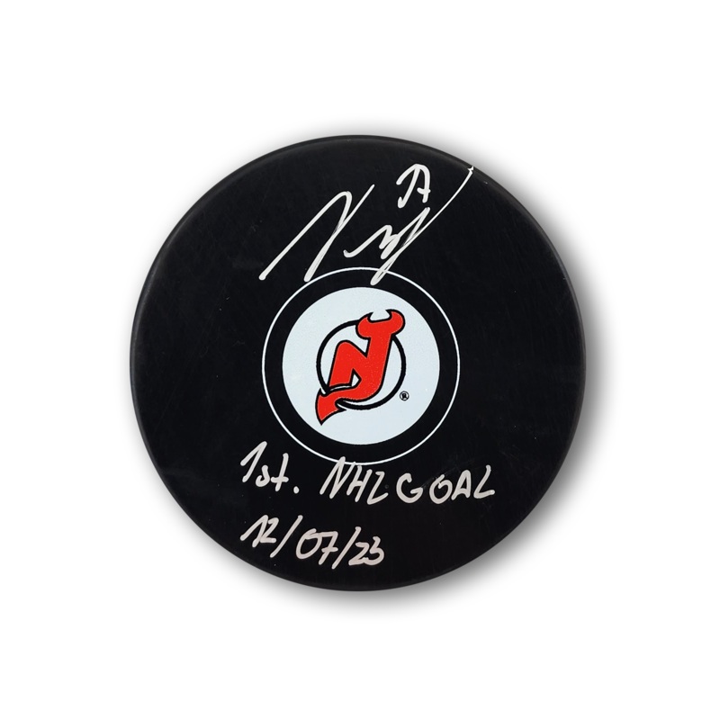 Simon Nemec Autographed New Jersey Devils Hockey Puck Inscribed 1st Goal