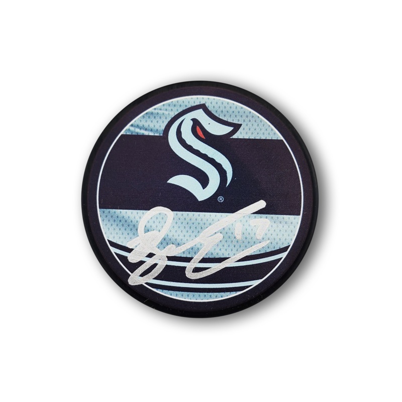 Jaden Schwartz Autographed Seattle Kraken Reverse Retro Hockey Puck