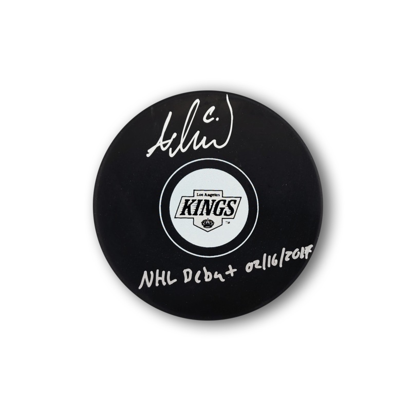 Adrian Kempe Autographed Los Angeles Kings Hockey Puck Inscribed NHL Debut